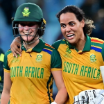 Laura Wolvaardt celebrates South Africa's T20 WC semi-final win.