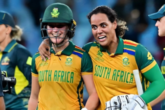 Laura Wolvaardt celebrates South Africa's T20 WC semi-final win.